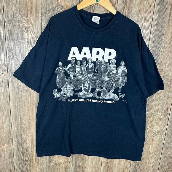 Vintage Biker AARP Aged Adults Riding Proud Graphic Print T-Shirt Adult 2XL - Picture 1 of 6